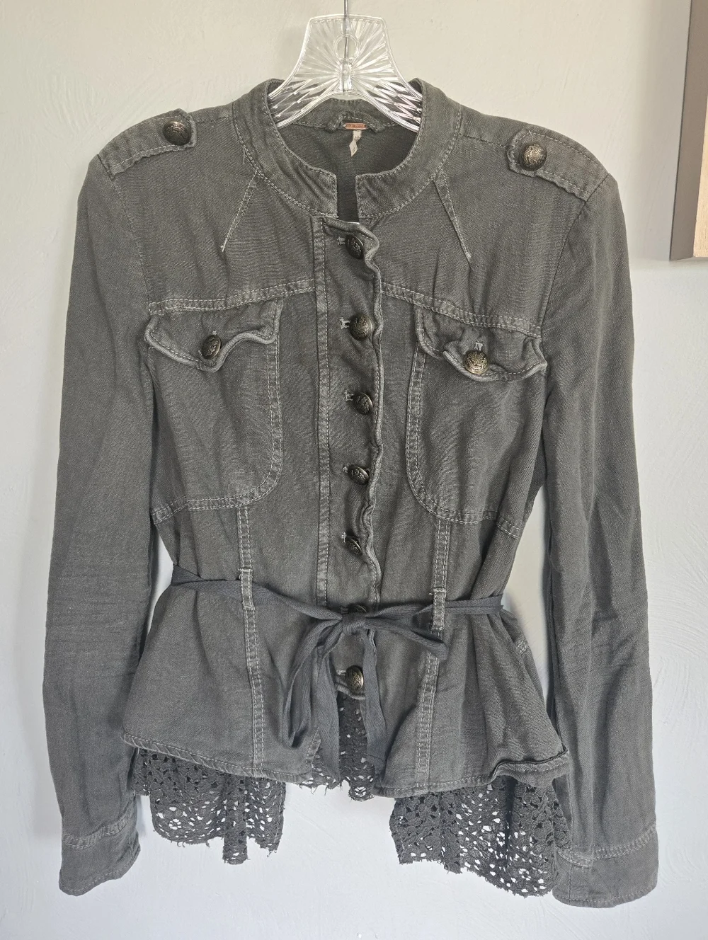 Free People• Emilia Military Utility Jacket with Lace Hem In Bitter Olive.Sz XS - Picture 5 of 16